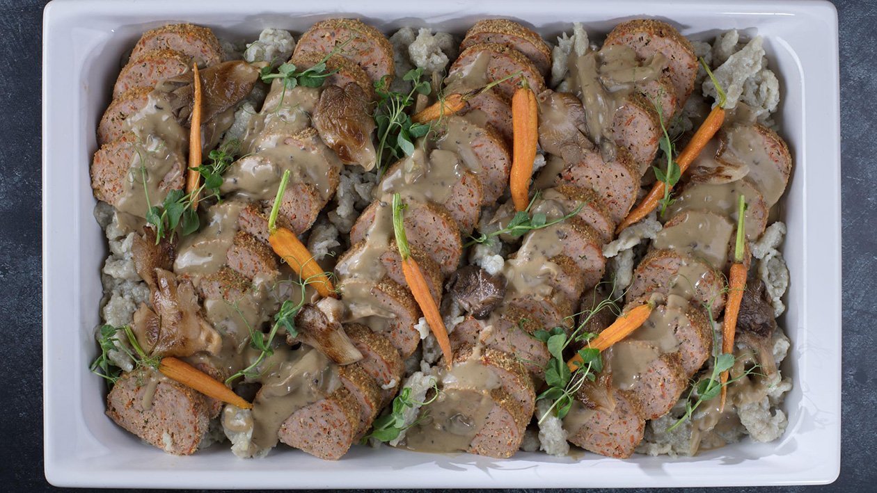 Kiaulienos kepsnys su chorizo, grybų padažu ir pilkais virtinukais – - Receptas